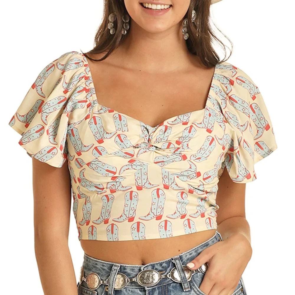 Rock & Roll denim boot print crop top